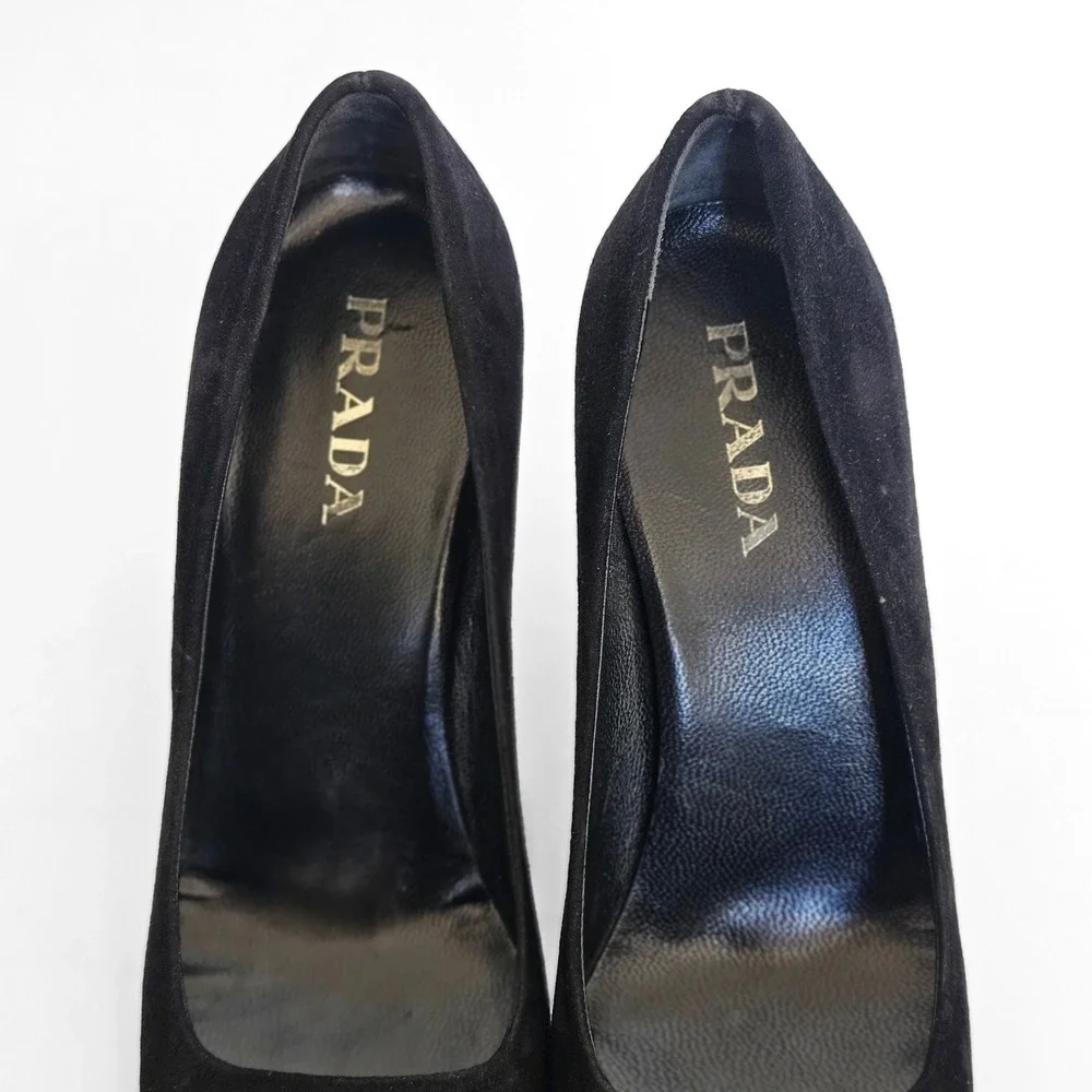 Prada Black Suede Patent Leather Square Toe‎ Block Heel Pumps Silver Accent 36.5